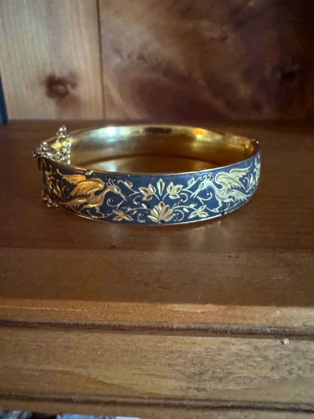 Vintage Damascene Gold Black Hinged Bracelet With Chain Bird-of-paradise